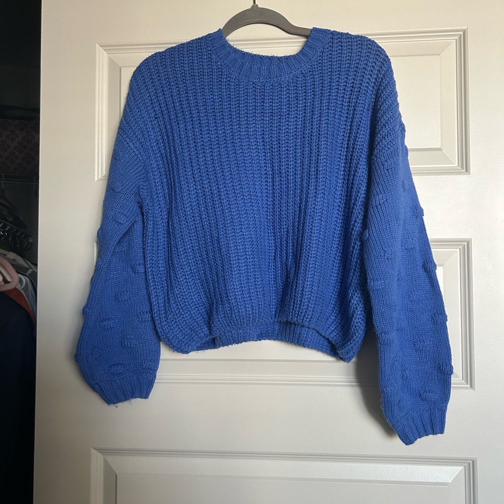 Moon & Madison Blue Crew Neck Sweater with Balloon Sleeves